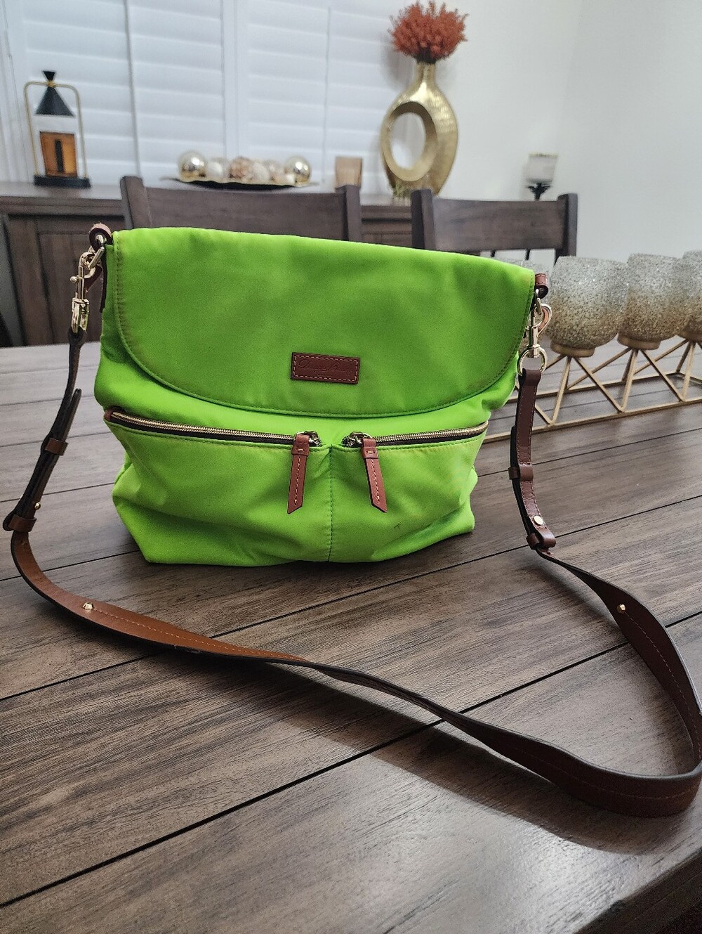 Dooney & Bourke Lime Green Nylon Tote W Leather Zipper Pulls
